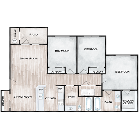 Floor plan for 3 beds, 2 baths, 1050 sqft
